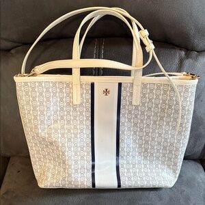 Tory Burch Cream and Navy Tote Bag